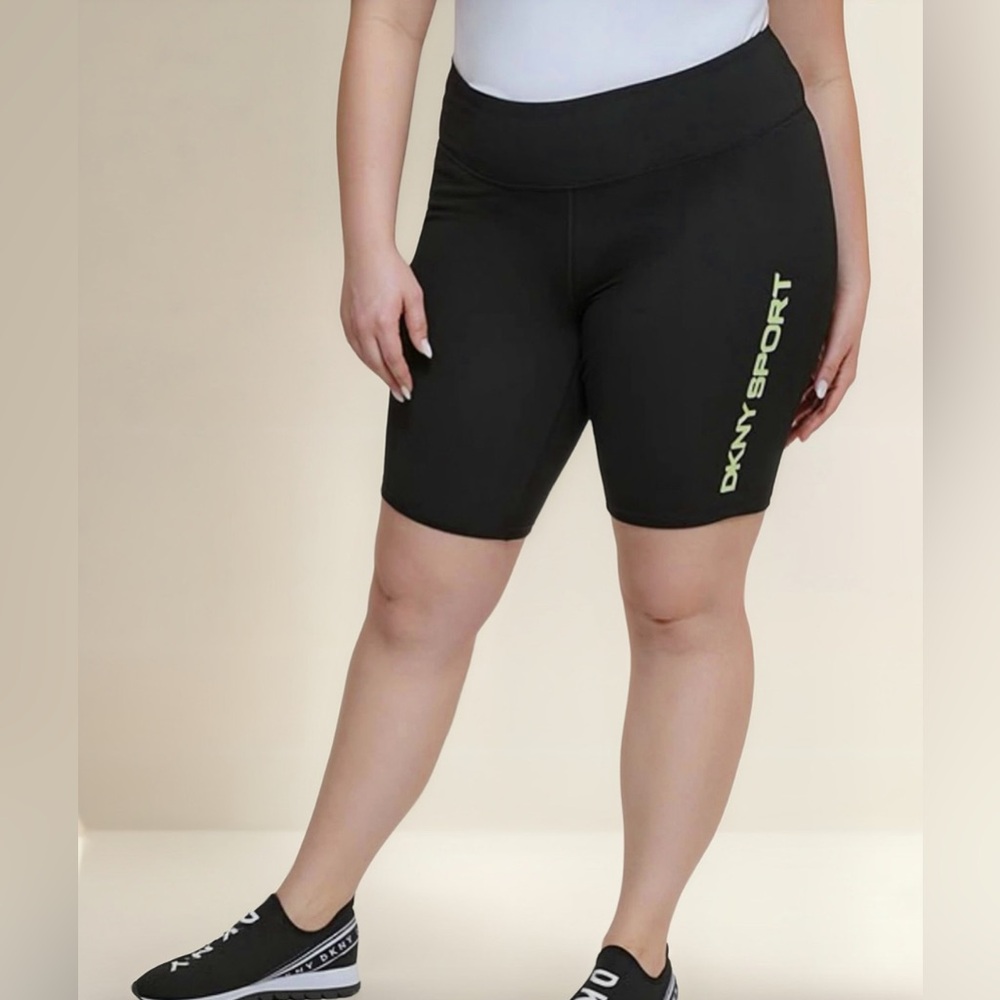 DKNY SPORT Women's Logo Bike Shorts Black with Neon High-waist  Size 1X